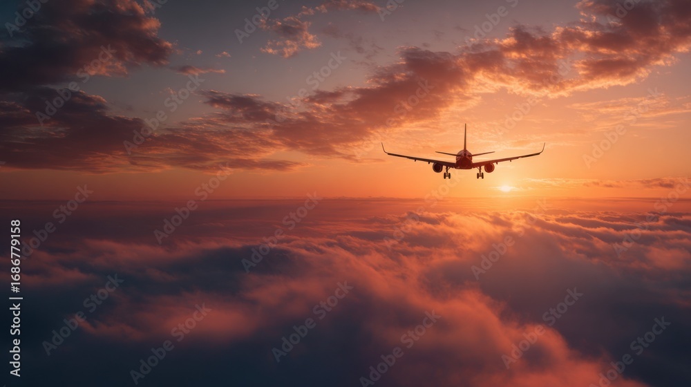 Naklejka premium airplane sunset cloudscape above ocean