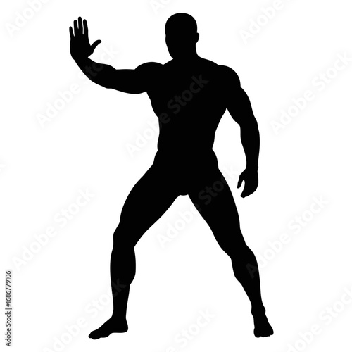 Silhouette of a muscular man in a defensive stance with his hand raised as if blocking or pushing