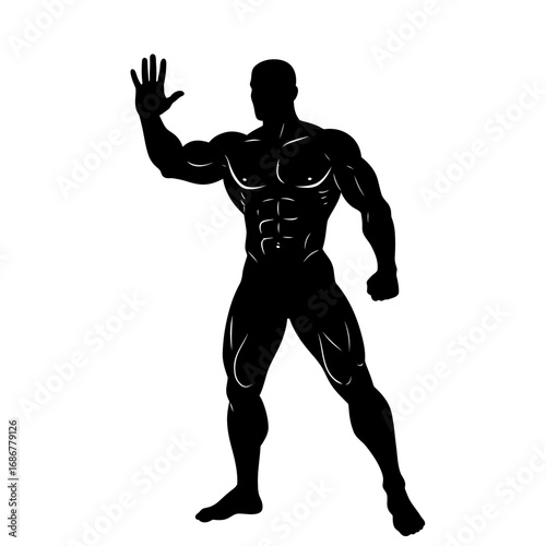 Silhouette of a muscular bodybuilder flexing his physique and raising his hand in a powerful stance