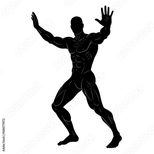 Silhouette of a muscular man in a dynamic pose with arms raised in a defensive or pushing gesture