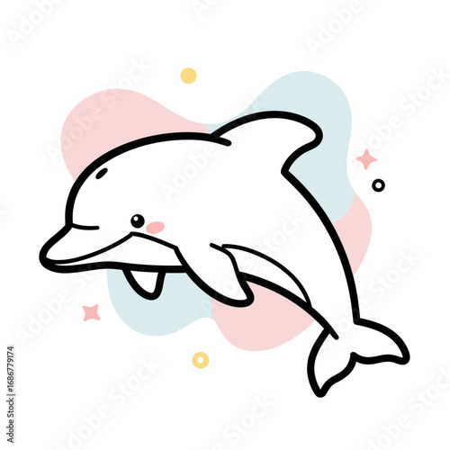 Cute cartoon dolphin with blush cheeks and playful splashes of color in the background