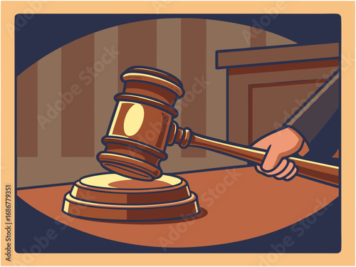 Cartoon illustration of judge’s gavel hitting sound block in courtroom for justice and law concept."