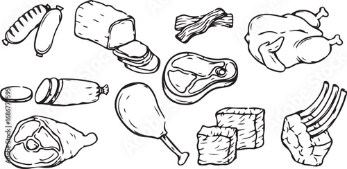 Meat Steak Icons Set – Food, Chicken, Beef, BBQ, Grill, Dinner, Lunch, Restaurant, Cooking, Fresh, Protein, Delicious, Farm, Tasty, Butcher, Gourmet, Recipe, Graphic