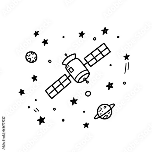 Hand drawn illustration of a satellite orbiting planets and stars in outer space with a simple doodle style