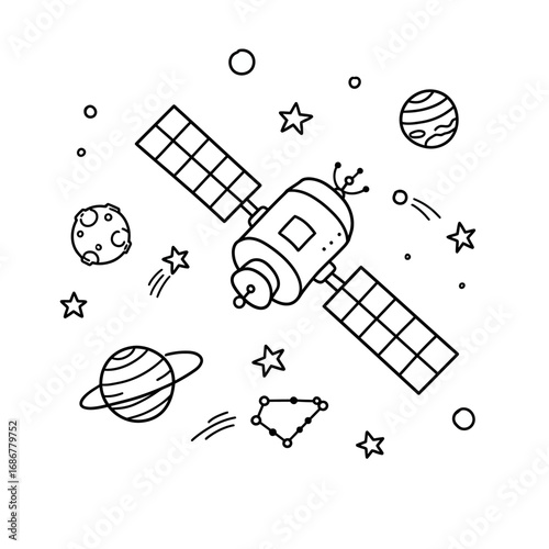 Hand drawn doodle illustration of a satellite orbiting planets and stars in outer space