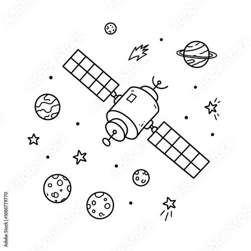Hand drawn doodle illustration of a satellite orbiting planets and stars in outer space with comets