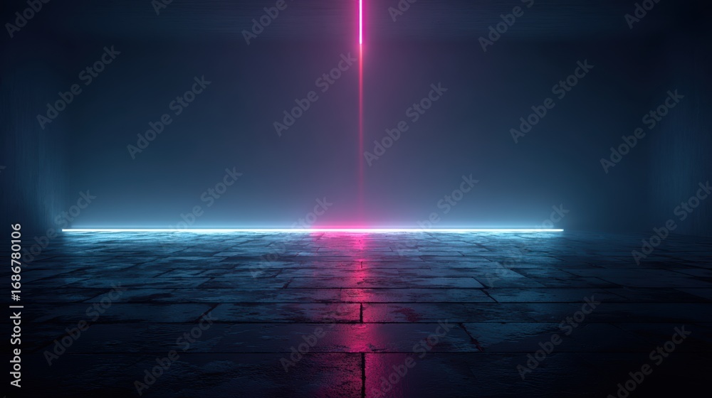 Obraz premium 3d technology abstract neon light background, empty space scene, spotlight, dark night, virtual reality, cyber futuristic sci-fi background, street floor studio for mock up. colored geometric