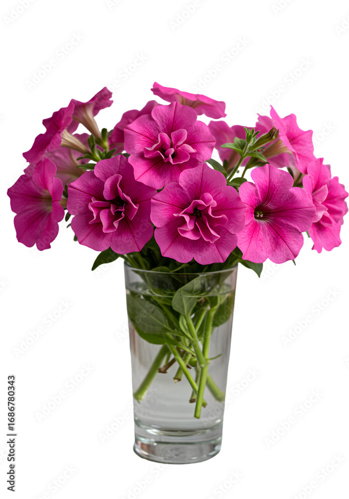 Obraz premium Isolated Transparent Vase of Pink Petunia Flowers on Black Background