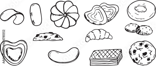 Bakery Sweet Food Icons Set – Cake, Pastry, Dessert, Cupcake, Donut, Bread, Croissant, Cookie, Chocolate, Muffin, Candy, Bake, Sweet, Tasty, Confectionery, Delicious, Snack, Food Illustration