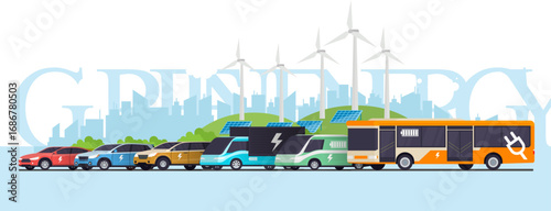 Set of electric cars, van, truck, and bus with renewable energy sources like wind turbines and solar panels, symbolizing clean energy, eco transport, and sustainable future mobility.