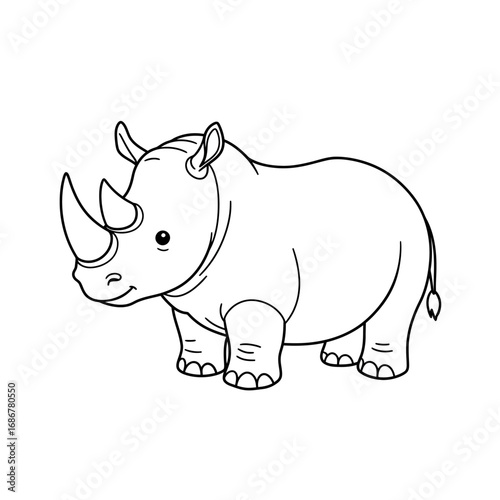 Cute cartoon illustration of a friendly rhinoceros with a single horn drawn in a simple outline style