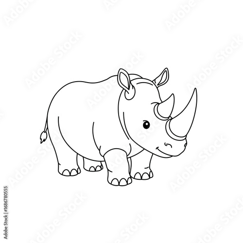 Charming cartoon outline drawing of a friendly rhinoceros with a single horn and big eyes perfect for children s books