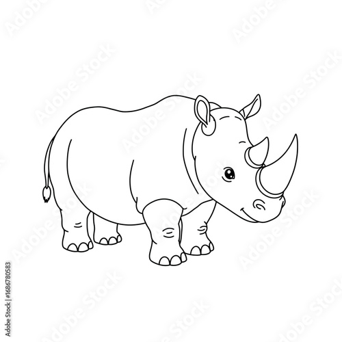 Cute cartoon illustration of a friendly rhinoceros with a single horn standing on a white background