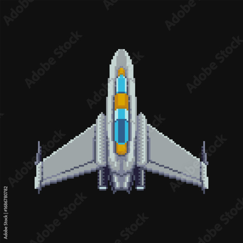 Pixel art spaceship isolated on black background, perfect for retro video games, designs, and sci-fi projects. Vector illustration.