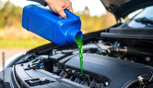 Person pouring green coolant into a car engine