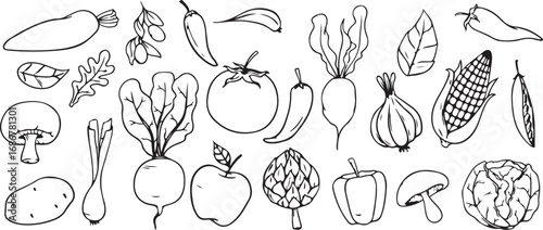 Vegetables, Fruits, Fresh Produce, Organic Farming, Healthy Eating, Garden Harvest, Nutrition Icons, Farm Fresh, Plant-Based, Natural Food, Black White Art, Market Symbols, Organic Patterns, Green Ico
