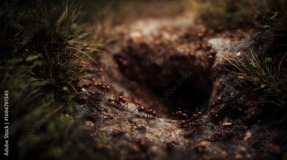 Obraz premium Busy red ants swarm around the entrance of their natural soil ant hill showcasing intricate details of colony life and the ground