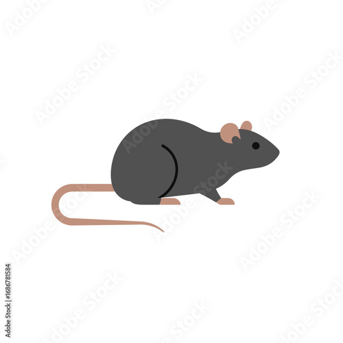 A simple flat illustration of a gray rodent with a long tail and pink ears on a white background