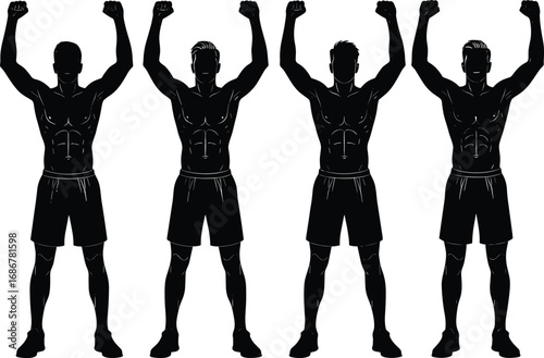 Silhouette of muscular men, bodybuilders raising arms, fitness athletes, strong male figures, gym workout, athletic poses, vector illustration