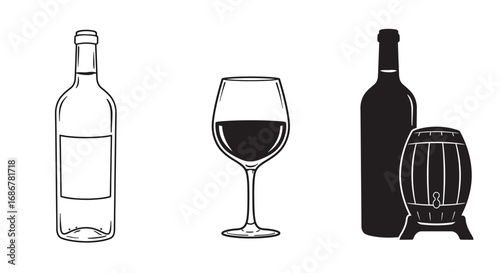 Hand drawn sketch of a wine bottle a wine glass filled with red wine and a wine barrel