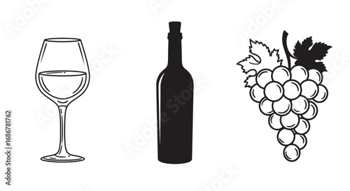 Hand drawn illustration of a wine glass bottle and bunch of grapes on a white background