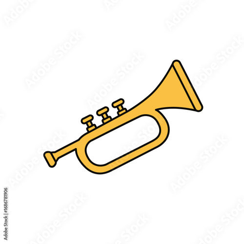 Simple hand drawn illustration of a golden brass trumpet with three valves on a white background
