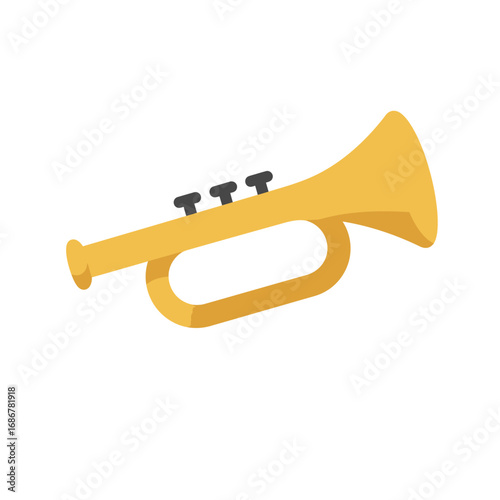 Bright yellow brass trumpet with three black valves isolated on a clean white background