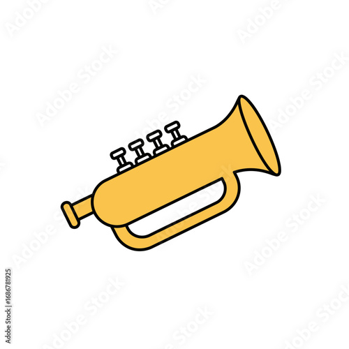 Simple cartoon illustration of a bright yellow trumpet with three valves on a white background