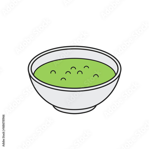 A simple illustration of a white bowl filled with vibrant green soup or dip with small bubbles