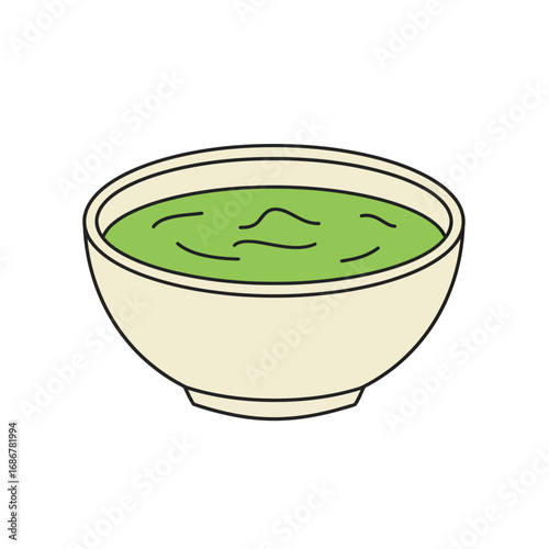 Simple hand drawn illustration of a light colored bowl filled with vibrant green creamy soup or sauce