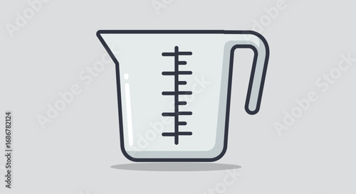 Simple illustration of a white measuring cup with black markings for liquid measurement on a light gray background