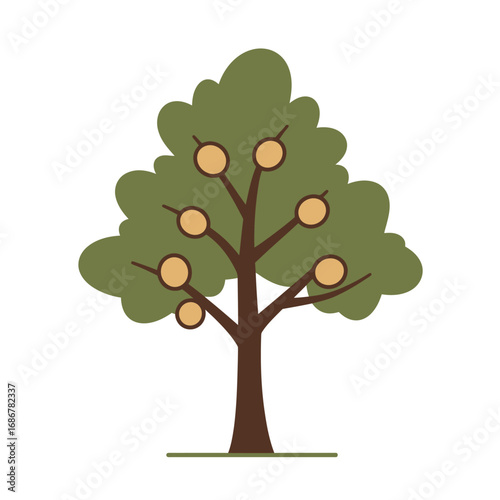 Stylized illustration of a green leafy tree with round orange fruits hanging from its branches