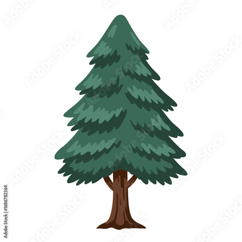 A stylized cartoon illustration of a tall green evergreen pine tree with a brown trunk on a white background