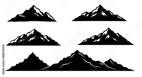 Collection of stylized black and white mountain silhouettes with sharp peaks and rugged textures on a white background