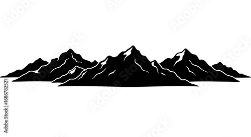 Dramatic black silhouette of jagged mountain peaks against a white background