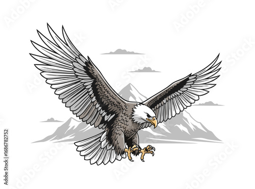 Majestic illustration of a powerful bald eagle in flight with wings spread over mountains