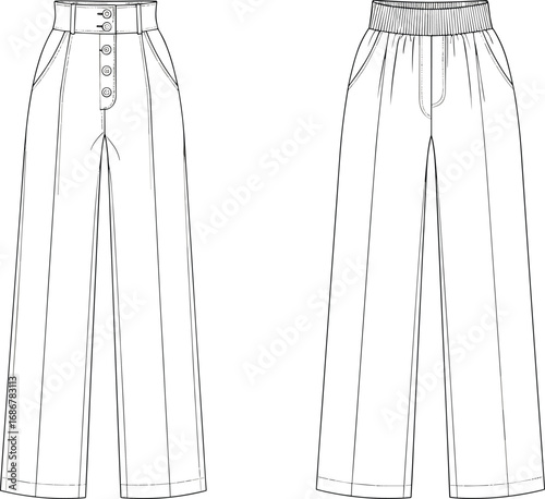 High waist pants CAD drawing, front view, elastic waistband pants illustration, technical fashion sketch, flat vector template