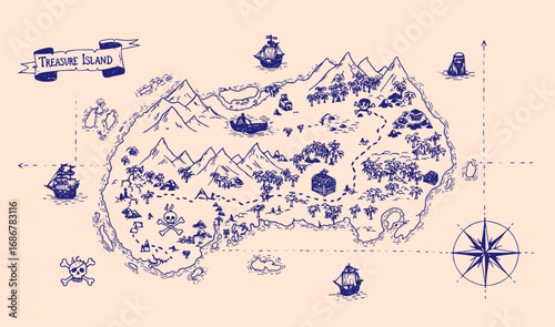 vector illustration of Map of treasure island. Doodle style
