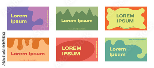 Set of six abstract colorful business card templates with bold shapes and modern typography. Branding and marketing design concept.