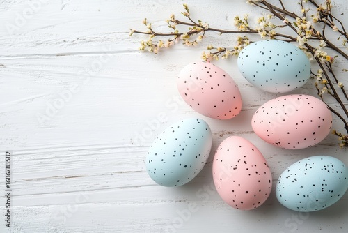 Colorful Speckled Eggs Arranged With Branches on Wooden Background for Spring...
