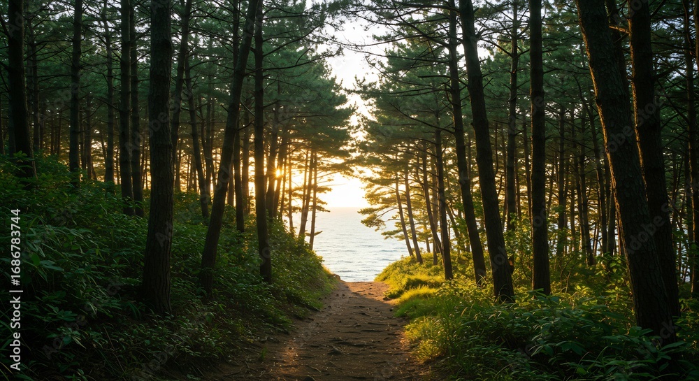 Obraz premium 夕日輝く松林の小道 海へ続く神秘的な光. AI Generated