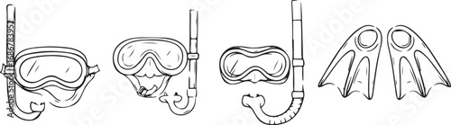 Scuba Gear, Diving Equipment, Snorkeling Set, Underwater Icons, Black White Designs, Marine Symbols, Swim Gear, Ocean Tools, Aqua Equipment, Water Sports, Dive Masks, Fins, Breathing Apparatus, Aquati