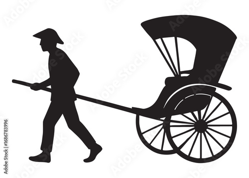 hand pulled rickshaw logo silhouette vector illustration, cycle rickshaw silhouette vector, transport pulled rickshaw vector logo, hand pulled rickshaw logo silhouette vector on white background.