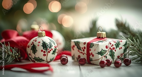 Festive Holiday Decorations Featuring Ornaments and Gifts Arranged on a Woode...
