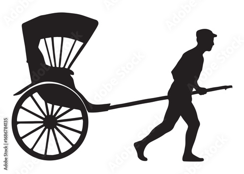 hand pulled rickshaw logo silhouette vector illustration, cycle rickshaw silhouette vector, transport pulled rickshaw vector logo, hand pulled rickshaw logo silhouette vector on white background.