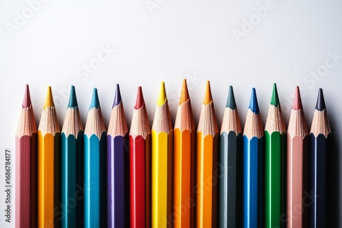 Colorful Collection of Pencils Arranged Neatly in a Row on a White Background