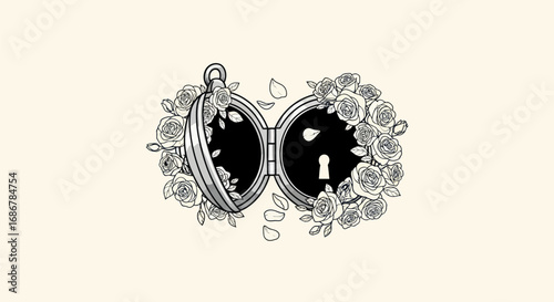 Vintage open locket with roses and a secret keyhole illustration.
