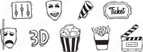 Cinema and Movie Night Doodles with Popcorn and Films, Black and White, Artistic, Playful, Creative, Illustrated, Expressive, Unique, Fun, Cinematic, Entertaining, Leisurely, Enjoyable, Film-Inspired,