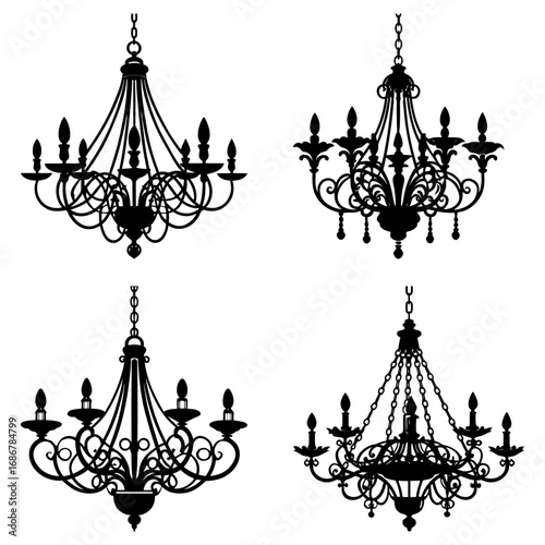 Four ornate chandeliers with multiple arms and candle style lights in a black silhouette design set