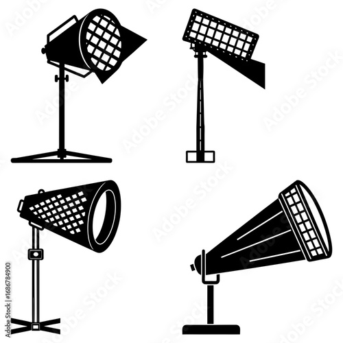 Illustration showing four different types of studio lighting equipment in a black and white style